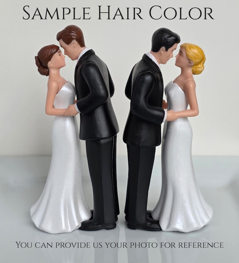 May include: Two wedding cake toppers. One couple has brown hair, the other has blonde hair. The bride figures wear white strapless gowns. The grooms wear black tuxedos. The text "SAMPLE HAIR COLOR" and "YOU CAN PROVIDE US YOUR PHOTO FOR REFERENCE" are visible.