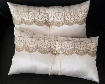 2 pc Gold Cross Embroidered Kneeler Wedding Pillow, 17 x 9 inches