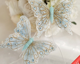 Light Blue Monarch Butterfly with Glitters 4&quot; for Wedding Centerpiece DIY Home Decor Accessories Costume Accent Ornaments Head Dress,