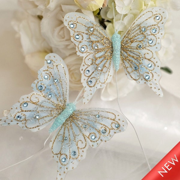 Light Blue Monarch Butterfly with Glitters 4" for Wedding Centerpiece DIY Home Decor Accessories Costume Accent Ornaments Head Dress,