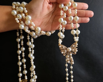 Gold Bow Handmade Pearl Wedding Unity Cord | Gold & Ivory Wedding Lasso | Filipino Wedding Cord | Elegant Bridal Ceremony Cord