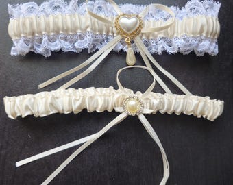 2 pcs Ivory Garter Set, Wedding Garter Belt with Rhinestone Pearls, Garter Keepsakes and Toss Set Satin and Lace Bridal Garter