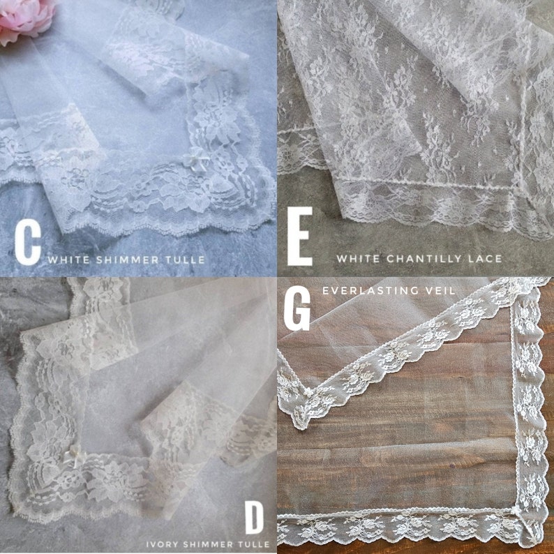 Puede incluir: Cuatro tipos diferentes de velos de novia con ribete de encaje. Los velos est&aacute;n etiquetados con sus nombres: Tul blanco brillante, Tul marfil brillante, Encaje Chantilly blanco y Velo eterno.