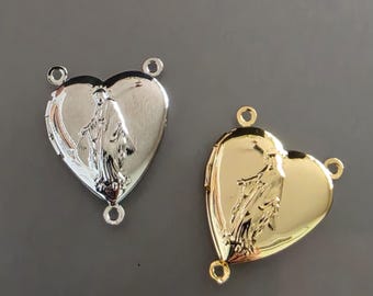 Marian Heart Connector Locket 3 Loop Rosary Connector – Miraculous Medal Style – Gold or Silver Finish – Catholic Jewelry Rosary Supplies