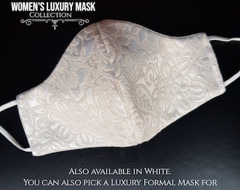White Metallic Embossed Adjustable Face Mask for Brides, Bridesmaids, Bridal Party with Adjustable Buckle  Wedding Elegant Formal Prom Event