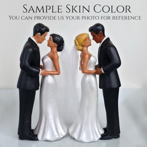 May include: Wedding cake toppers featuring two couples. Each couple includes a bride in a white gown and a groom in a black tuxedo. The text at the top reads "SAMPLE SKIN COLOR" and "YOU CAN PROVIDE US YOUR PHOTO FOR REFERENCE."