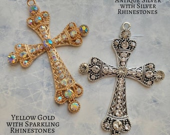 Ezra Big Rhinestone Cross Pendant, 4 x 3 inches, Gold Silver Plated, Fashion Cross, Big Cross Necklace Big Cross with 24 inches Chain option