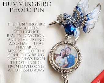 Die Blaue Kolibri Brosche Anstecknadel mit Silber Strass Foto Locket Charme, maßgeschneiderte Foto Geschenke für Hochzeiten Gedenkabschluss