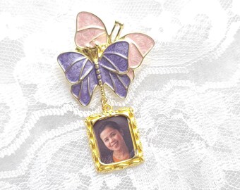Pink and Purple Memorial Dual Butterfly Brooch Pin with Gold Photo Charm for Memory Photo Gift Keepsake Birthday Going Away Wedding Funeral