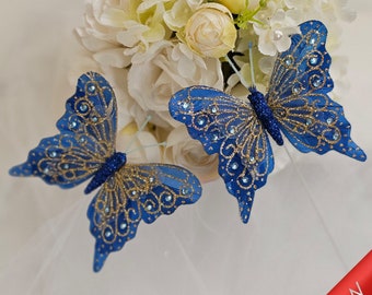 Majestic Blue Monarch Butterfly with Glitters 4&quot; for Wedding Centerpiece DIY Home Decor Accessories Costume Accent Ornaments Head Dress,