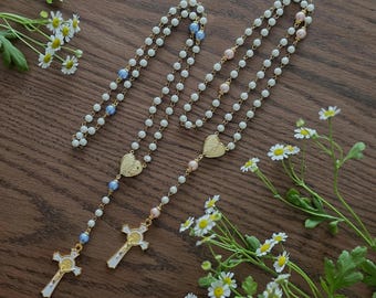 Couple’s Rosary Wedding Gift | His & Hers Catholic Rosary Set | Pearl Rosaries with Heart Locket and St. Benedict Cross | Bride Groom Gift