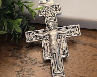 Hecho en Italia, San Damián San Damiano, Asís, colgante grande de plata con cruz católica, dije de crucifijo, San Damián San Damiano 3.6 x 2.5 pulgadas