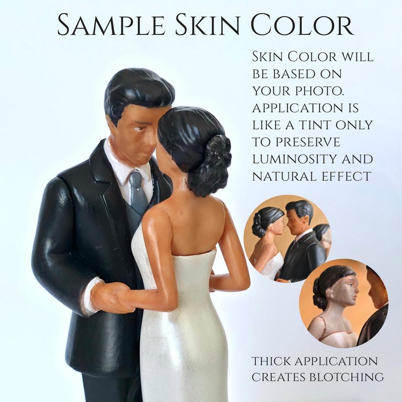May include: A wedding cake topper featuring a bride and groom figurine. The groom wears a black tuxedo with a gray tie, and the bride is in a white dress. The text "SAMPLE SKIN COLOR" is at the top, with additional text describing the skin color application.