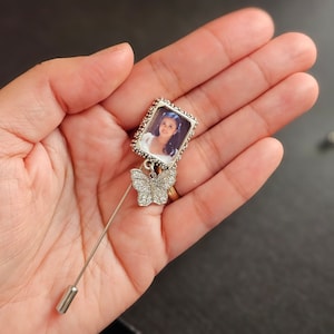 Silver Rhinestone Butterfly Memorial Photo Pin, Memorial Keepsake, Photo Souvenir, Bridal Bouquet Pin, Grooms Lapel Pin, Mothers Fathers Day