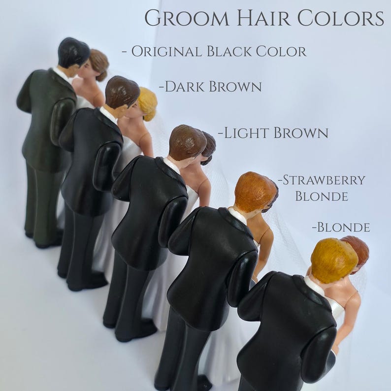 May include: A row of wedding cake toppers featuring grooms with different hair colors, including black, dark brown, light brown, strawberry blonde, and blonde. The text "Groom Hair Colors" is at the top.