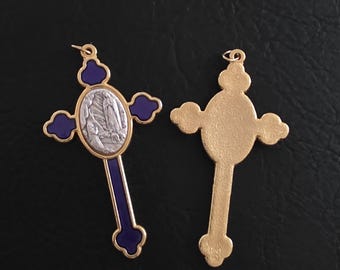 Lourdes Purple Enamel Cross Medal Charm Pendant | Gold Tone Catholic Religious Charm | DIY Necklace Rosary Jewelry Supply