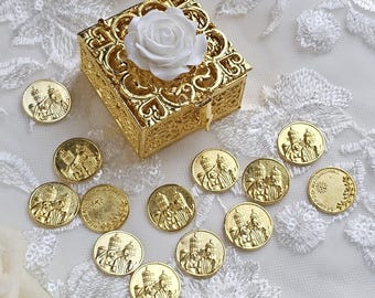 Gold Square Style Arras Arrhae Unity Wedding Coins for Filipino Hispanic Wedding Ceremony with 13 Gold Tone Wedding Coins