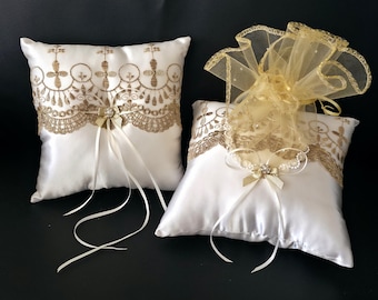 Gold Cross Wedding Rings and Arras Pillows Set, for Ring & Arras Bearers, 9 inches