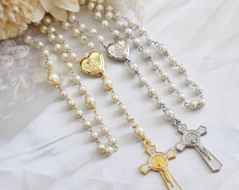 Bride and Groom Wedding Rosary Set – Gold & Silver Pearl Rosaries with Marian Locket | Catholic Wedding Gift | Unity Ceremony Rosaries