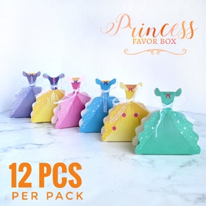 12pcs Princess Candy Favor Box, Five Dresses Designs, Colorful Easy Assemble DIY Little Girl Party Gifts Castle Princess Theme with Ribbons