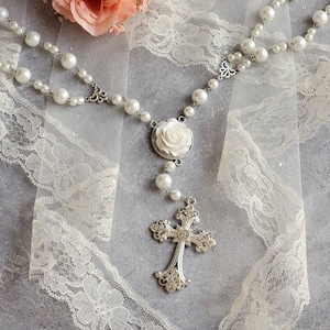 Catholic Pearl Wedding Unity Cord Rosary - Like Lasso Cord with White Rose Centerpiece for Unity Veil and Cord Ceremony image 3