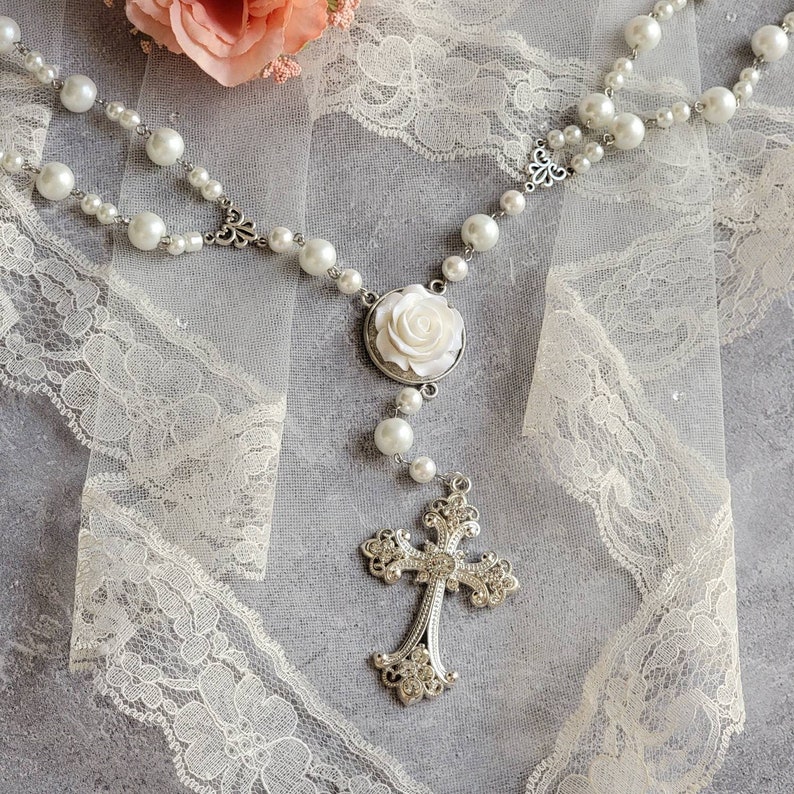 Catholic Pearl Wedding Unity Cord Rosary - Like Lasso Cord with White Rose Centerpiece for Unity Veil and Cord Ceremony image 3