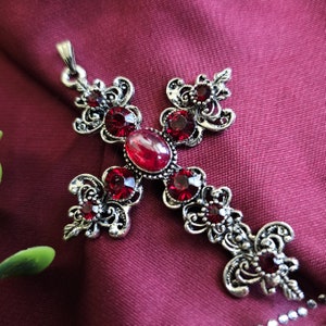 Ruby Big Latin Antique Silver Cross Pendant with Ruby Colored Rhinestones and Red Oval Acrylic Cabochon, Fashion Cross, Valentines
