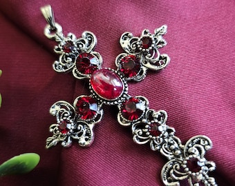 Ruby Big Latin Antique Silver Cross Pendant with Ruby Colored Rhinestones and Red Oval Acrylic Cabochon, Fashion Cross, Valentines