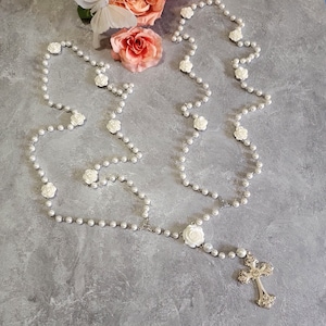 Silver - White Rose Pearl Rosary Unity Cord - for Catholic Wedding Unity Veil and Cord Ceremony, Lasso, Yugal