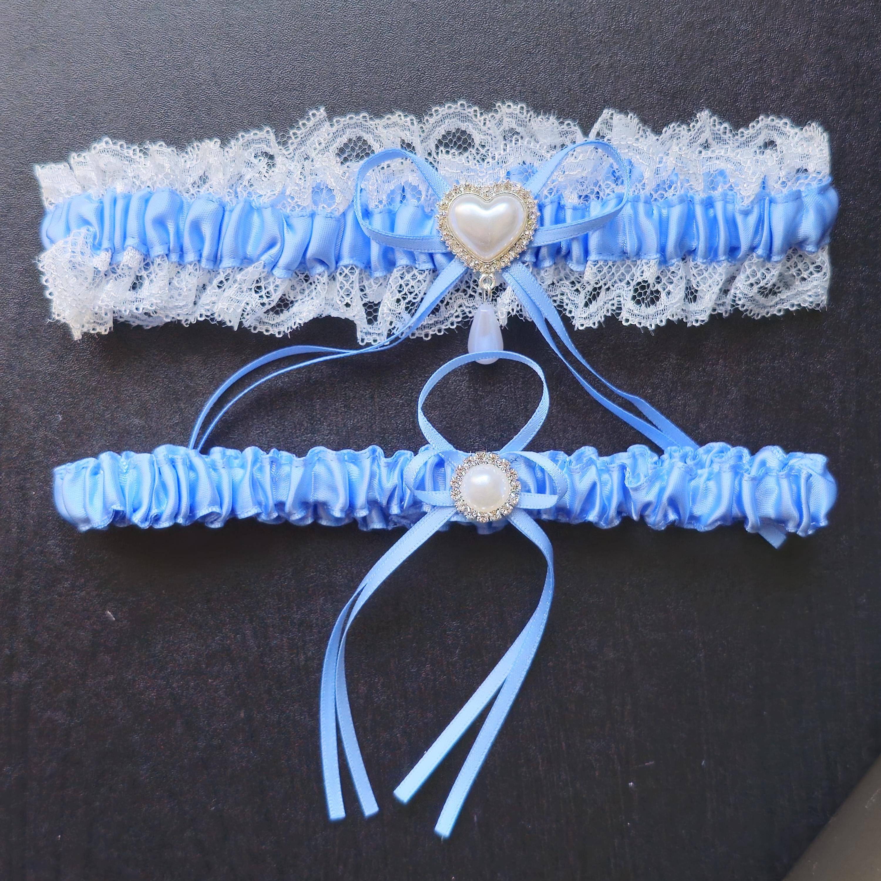 Set Giarrettiera Da Sposa In Pizzo Con Perle E Fiori - 2 Pezzi Con Elastico Regolabile - Accessorio Erotico E Romantico Per Matrimonio E Nozze - Colore Blu, Taglia Unica