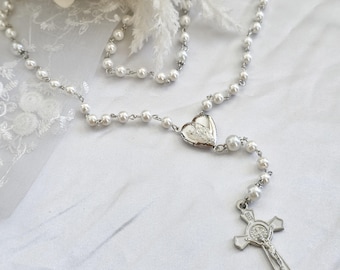 Catholic Pearl Wedding Rosary with Silver Marian Locket Centerpiece