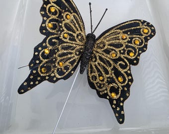 Black Monarch Butterfly with Gold Glitters 4" for Wedding Centerpiece DIY Home Decor Accessories Costume Accent Ornaments Head Dress,