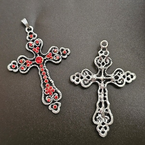 Nancy Antique Gothic Latin Cross with Red Rhinestone for Pendant, Bejeweled Crucifix Dashion Cross Red