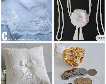 Mary Wedding Bundle, White Unity Veil & Flower Unity Cord, Arras with 13pcs Wedding Coins and Embroidered Roses Ring Pillow