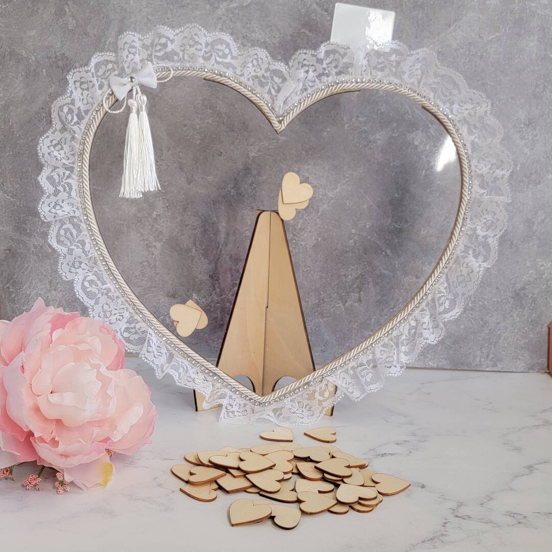 Customized Acrylic & Wood Heart Guest Book With White Lace Cord, Tassel