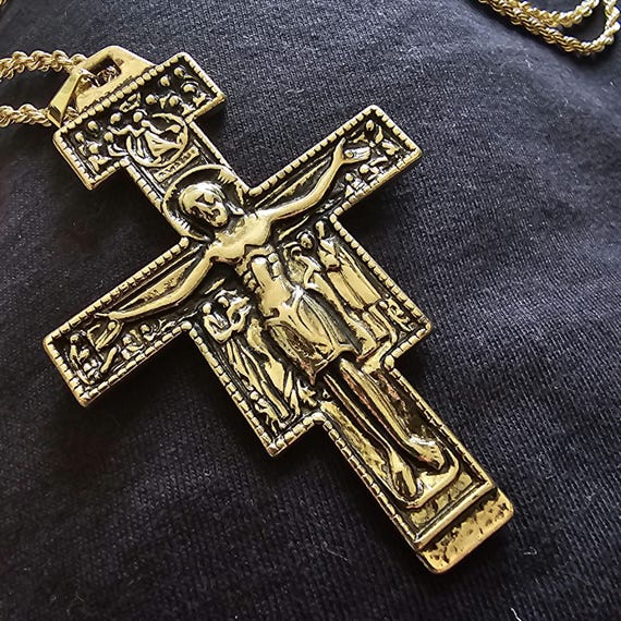 Antique Gold Tone San Damiano Cross: XL Catholic Pendant Necklace