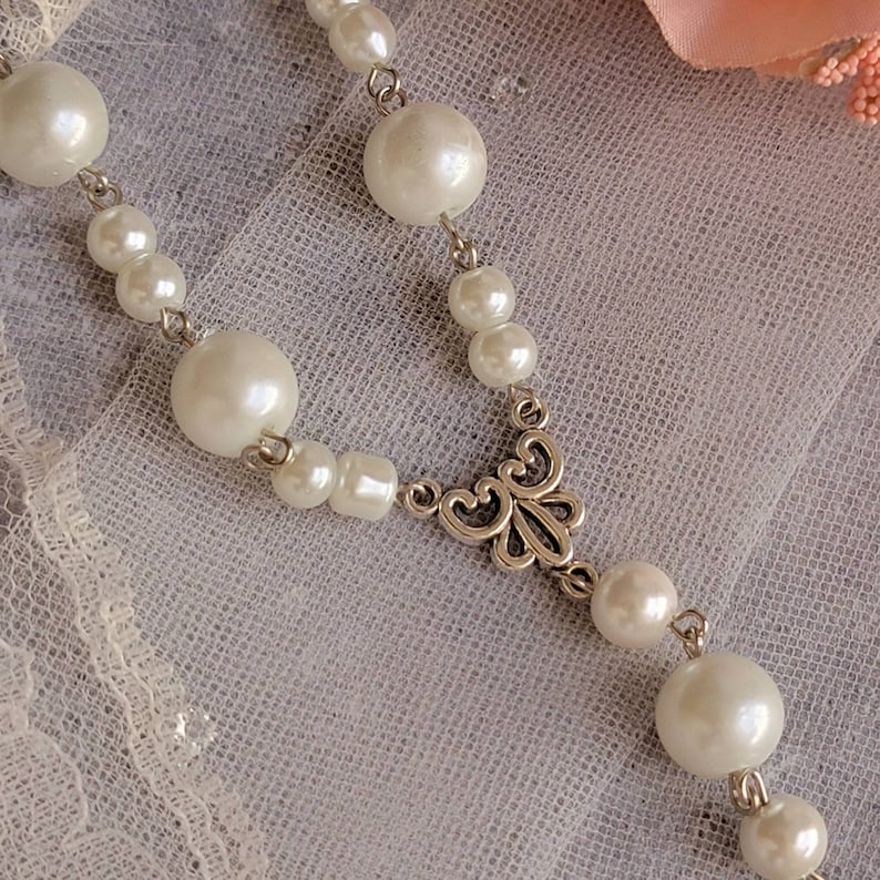 Catholic Pearl Wedding Unity Cord Rosary - Like Lasso Cord with White Rose Centerpiece for Unity Veil and Cord Ceremony image 2