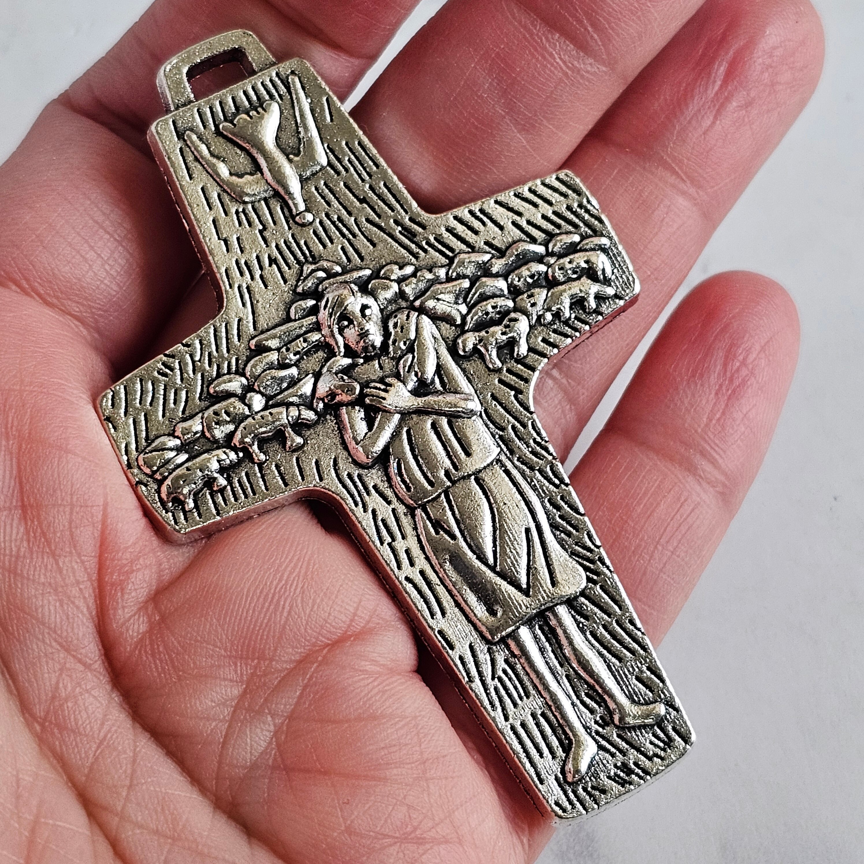 Pope Francis Photo Heart Cross Iced Out CZ Necklace - Large Stainless Steel Pendant, Customizable, Prayer Jewelry For Men