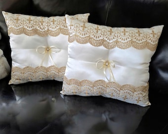 Big Catholic Wedding Kneeler Pillow Set | 17 x 15 Large Ceremony Kneeling Cushions | Gold & Ivory Church Wedding Pillows