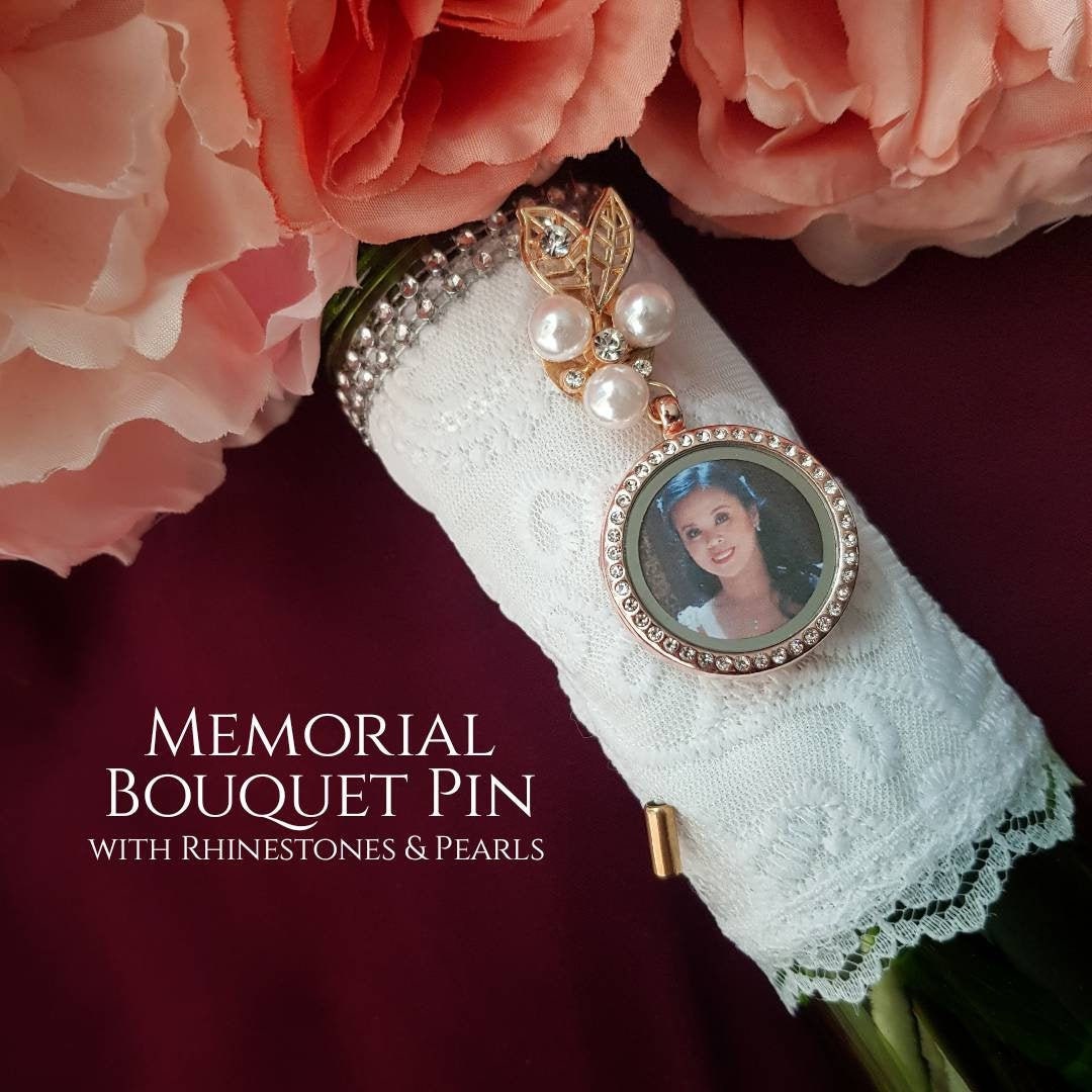 Photo Wedding Bouquet Charm includes Elegant Brooch & Pearls, Personalized  with your Picture, In Memory of Memorial Keepsake for Bride
