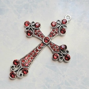 Lovely Antique Gothic Latin Cross with Red Rhinestone for Pendant, Bejeweled Crucifix with 24 inches Necklace Option