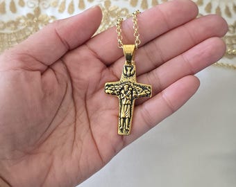 The Good Shepherd Cross Necklace - Gold Tone, Pope Francis Pectoral Cross, 1.75" Stainless Steel Big Religious Cross Pendant with Necklace