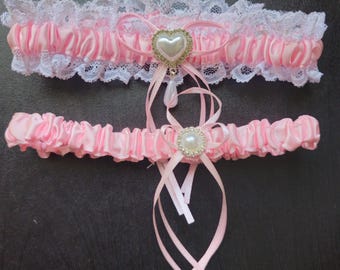 Pink Wedding Garter Set: Satin Lace Bridal Garters with Rhinestone Pearls