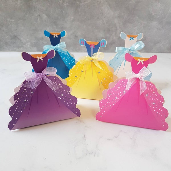 10pcs Princess Candy Favor Box, Five Dresses Designs, Colorful Easy Assemble DIY Little Girl Party Gifts Castle Princess Theme with Ribbons