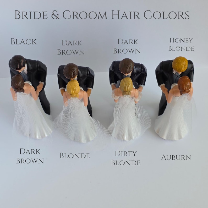 May include: Wedding cake toppers featuring a bride and groom in various hair color combinations. The groom is in a black tuxedo, and the bride wears a white wedding dress. Text at the top reads "BRIDE & GROOM HAIR COLORS".
