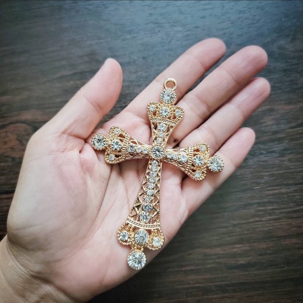 Big Rhinestone Cross Pendant, 1 pc Size: 4 x 3 inches, Yellow Gold Fashion Cross, Big Cross Necklace, Bejeweled Cross Pendant Big Bling Gift