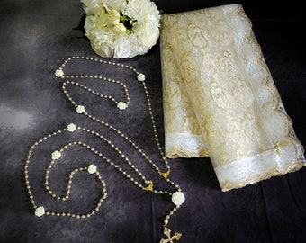 Rose Inspired Unity Veil and Rosary Cord Set in Gold for Catholic Filipino Hispanic Weddings