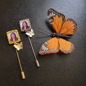 Butterfly Memorial Photo Pin in Silver or Gold, Memorial Keepsake, Photo Souvenir, Bridal Bouquet Pin, Grooms Lapel Pin