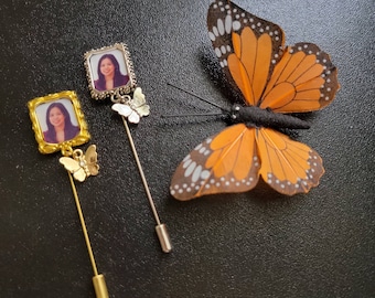 Butterfly Memorial Photo Pin in Silver or Gold, Memorial Keepsake, Photo Souvenir, Bridal Bouquet Pin, Grooms Lapel Pin