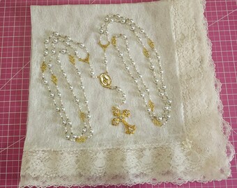 Chantilly Lace Unity Veil with Marian Rosary-Like Cord Set for Filipino and Hispanic Catholic Wedding Ceremony, 64x34 inches